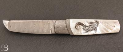   Couteau " Chiudibile  " custom par Fabrizio Silvestrelli - Nacre blanche et lame damas