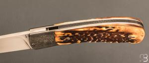   Couteau " Gros "  liner lock par Joël Grandjean - Bois de cerf et lame en RWL34