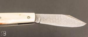  Couteau " Trappeur " custom à cran plat de Julien Baillon - Ivoire de phacochère et Damasteel