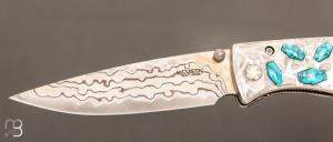  Couteau " CFLE 18 " par Mcusta - Turquoise et Rainbow damas - Pièce Unique