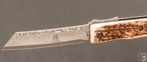   Couteau de poche Katsu - JDA01 - Bois de cerf et lame damas