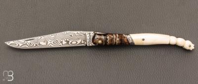    Couteau " Laguiole Bacchus " de poche par Philippe Voissière - Phacochère/Molaire de mammouth et lame en Damasteel