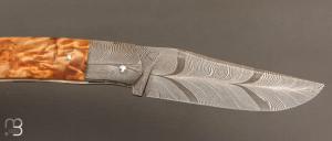 Couteau " Slipjoint " custom par Karim Valentin - Fourche de peuplier stabilisé et damas plume