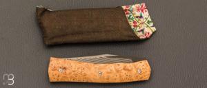    Couteau " Oiseleur  " pliant artisanal de Cyril Kalisz - Loupe de frêne et Suminagshi SG2