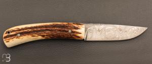  Couteau " liner lock " custom par Joël Grandjean - Bois de cerf et lame en damas