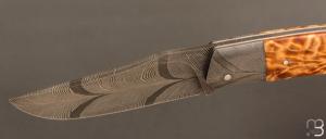 Couteau " Slipjoint " custom par Karim Valentin - Fourche de peuplier stabilisé et damas plume