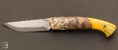 Couteau "1515" de poche par Manu Laplace - Fourche de peuplier rsine nid d'abeille - Damas VG10 Suminagashi
