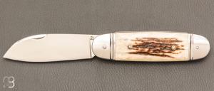 Couteau " Bouledogue " custom de Jérôme Bellon - Bois de cerf et lame en RWL34