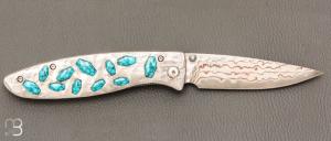  Couteau " CFLE 18 " par Mcusta - Turquoise et Rainbow damas - Pièce Unique