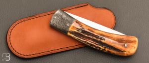   Couteau " Gros "  liner lock par Joël Grandjean - Bois de cerf et lame en RWL34