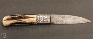    Couteau " Slipjoint " custom par Henri VIALLON - Bois de cerf et lame damas