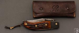 Couteau  "  Truand garde mobile " par Tony Ruot - Os cerfé et lame en damas feuilleté