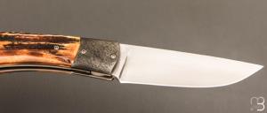   Couteau " Gros "  liner lock par Joël Grandjean - Bois de cerf et lame en RWL34