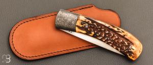   Couteau " Gros "  liner lock par Joël Grandjean - Bois de cerf et lame en RWL34