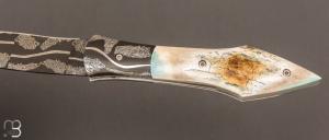   Couteau " L'Oegopsyde " fait main par Laraud Blade  - Caribou fossile et lame damas mosaïque