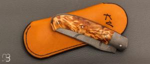 Couteau " Slipjoint " custom par Karim Valentin - Fourche de peuplier stabilisé et damas plume