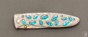  Couteau " CFLE 18 " par Mcusta - Turquoise et Rainbow damas - Pièce Unique