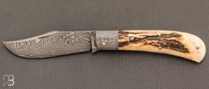 Couteau " Jacknife " custom de Jérôme Bellon - Bois de cerf et lame damas
