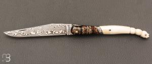    Couteau " Laguiole Bacchus " de poche par Philippe Voissière - Phacochère/Molaire de mammouth et lame en Damasteel