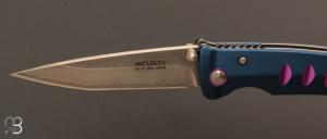 Couteau pliant MC-43C Katana aluminium bleu inserts violets damas sanmai par MCUSTA