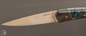 Couteau  " ORCA " pliant par l'Atelier Les 2 Diables - Fibre de carbone / Loupe de peuplier et 14c28n
