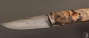    Couteau " Puukko " pliant des Forges d'Haraldr - Loupe de peuplier stabilisée et damas