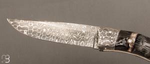    Couteau " liner-lock custom " par Alain & Joris Chomilier - Corne de Springbok et damas Chad Nichols