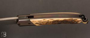  Couteau " 1820 " liner lock de SMZ Flammes de forge - Ivoire de mammouth et lame damas