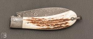   Couteau  " Bombé " custom de Jérôme Bellon - Bois de cerf et damas