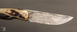   Couteau de poche style piémontais de Mickael Moing - Corne de bélier et lame damas