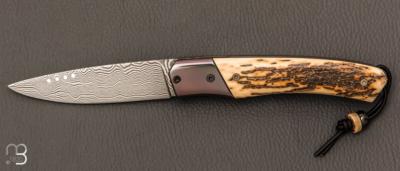  Couteau " 1820 " liner lock de SMZ Flammes de forge - Ivoire de mammouth et lame damas