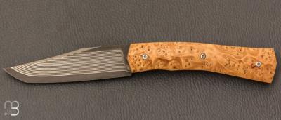    Couteau " Oiseleur  " pliant artisanal de Cyril Kalisz - Loupe de frêne et Suminagshi SG2
