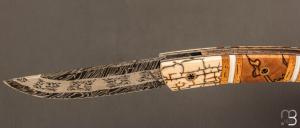  Couteau " le Thiers® " par Tim Bernard - Ivoire de mammouth / Morse et lame damas multi barreaux