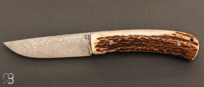  Couteau " liner lock " custom par Joël Grandjean - Bois de cerf et lame en damas