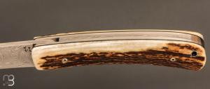  Couteau " liner lock " custom par Joël Grandjean - Bois de cerf et lame en damas